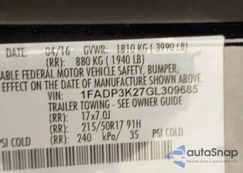 2016 Ford Focus Se из США, поврежденный, VIN 1FADP3K27GL309685